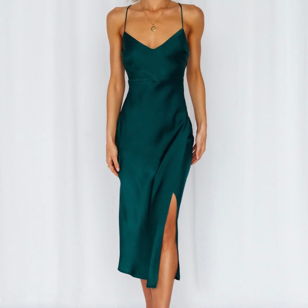 Size medium green satin dress! Super flattering. Worn once. Smoke free, pet free